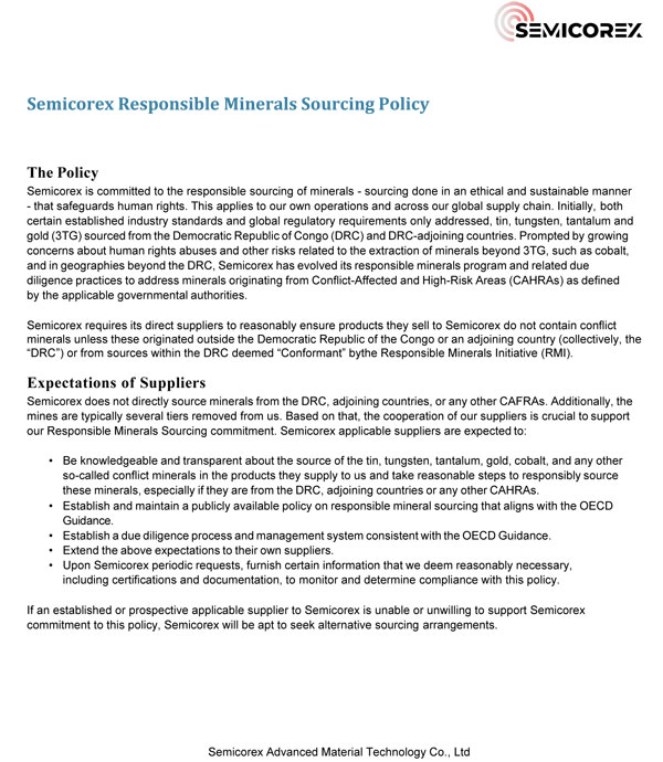 Polityka odpowiedzialnego pozyskiwania minerałów Semicorex